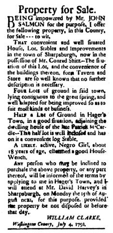 Ad in Washington Spy, 1791 - "Property for Sale."
