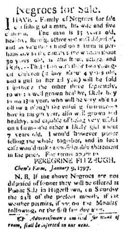 Ad in Washington Spy, 1797 - "Negroes for Sale."