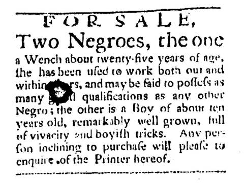 Ad in Washington Spy, 1791 - "For Sale, Two Negroes.."