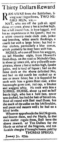 Ad in Washington Spy, 1794 - "Thirty Dollars Reward" by Thomas Sprigg