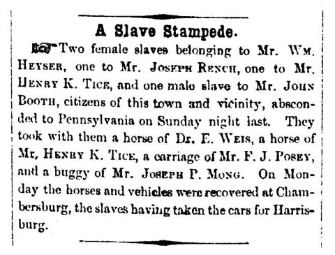 News article in Herald of Freedom & Torch Light, 1857 - "A Slave Stampede."