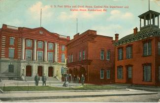 Postcard image of U.S. Post Office and Court House, Cumberland MD; Officers in courtyard with water fountain in the middle.