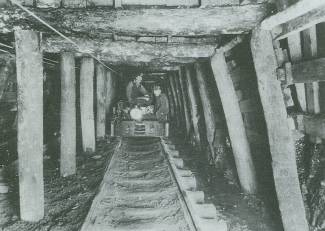 Picture of men in mine shaft on cart