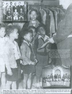 Collage of 3 photos; young students presented with savings bonds, Carver High School debate team, Carver High School class of 1951