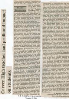 Newspaper article titled "Carver High teacher had profound impact on students"