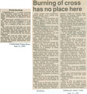 2 Newspaper articles titled "Cross burning" and "Burning of cross has no place here"