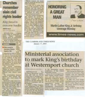 4 newspaper clippings on MLK day from Cumberland Times-News