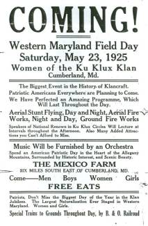 News flyer: Coming Western Maryland Field Day - Women of the Klu Klux Klan, Cumberland MD