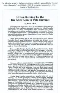 Article titled "Cross Burning by the Klu Klux Klan in Vale Summitt"