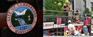 City of Cumberland seal; man in front of podium at rally in Cumberland MD