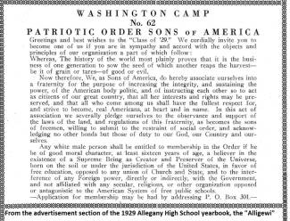 Photo of newspaper advertisement titled "Washington Camp No. 62 Patriotic Order of Sons of America"