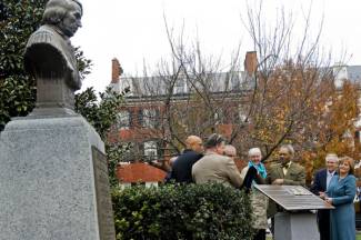 Bust ceremony for Dred Scott at Frederick City Hall, MD; dignitaries gathered for celebration