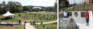 2 photos, 1 of people gathered on lawn for event, 1 photo of 2 people standing in front of monument