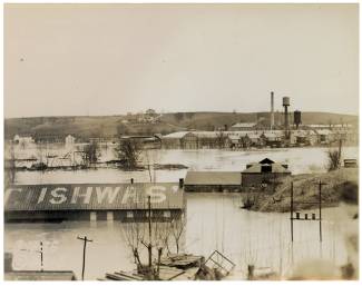 Photo of flooded old power plant in Williamsport and the Cushwa warehouse during 1936 Flood