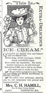 Newspaper advertisement for Ice Cream; drawing of woman in hat eating ice cream, circa 1911