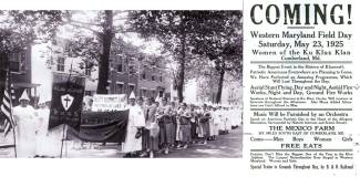 Ku Klux Klan parade; members with white robes, hoods and banners circa 1925; Poster of Klan Rally