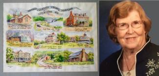 2 photos; 1 sketch of Historic Garrett County Maryland poster featuring 9 images of historic locations in Garrett County; portrait of Emily Lee Wittman