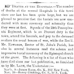 News article in Herald of Freedom & Torch Light, 1862 - "DEATHS IN THE HOSPITALS"