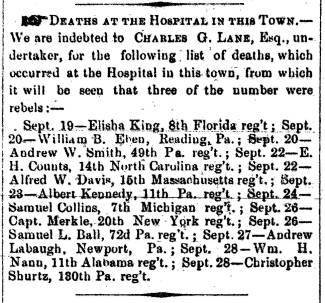 Article in Herald of Freedom & Torch Light, 1862 - "DEATHS AT THE HOSPITAL IN THIS TOWN."