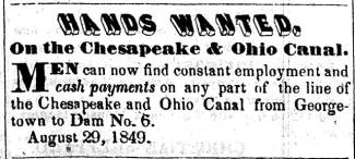 Article in Herald of Freedom, 1849 - "Hands Wanted. On the Chesapeake & Ohio Canal."