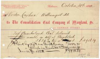 Invoice from Consolidation Coal to Cushwa, 1882