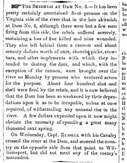Article in Herald of Freedom & Torch Light, 1861 - "THE SKIRMISH AT DAM NO. 5."