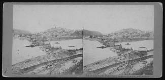 Canal in the foreground is dry, and there is rubble from the bridge blocking the path, 1862