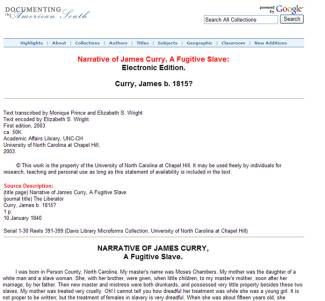 Screen capture of the "Narrative of James Curry, A Fugitive Slave"