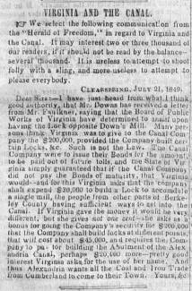 News article in Weekly Casket, 1849 "Virginia and the Canal."