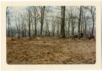 Photo of trees on hill in winter month; 2 people walking through debris near hill