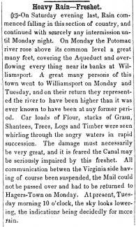News article in Herald of Freedom & Torch Light, 1852 - "Heavy rain, Freshet."