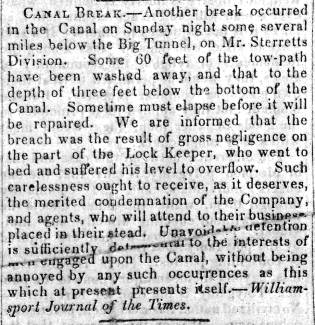 News article in Herald of Freedom & Torch Light, 1854 - "Canal Break."