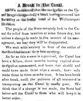 News article in Herald & Torch Light, 1854 - "A Break in the Canal."