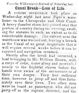 News article in Herald of Freedom & Torch Light, 1855 - "Canal Break -- Loss of Life."