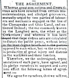Article in Hagerstown Mail, 1834 - "The Agreement" among Irish workers at the Canal