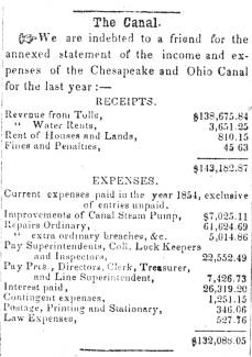Article posted in Herald of Freedom & Torch Light - statement of income of C&O Canal, 1856