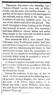 News article in Herald of Freedom & Torch Light, 1864 - "Terrible Disaster."