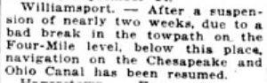 News article in Washington Herald, 1919 - "Williamsport" canal break