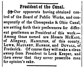 News article in Herald of Freedom & Torch Light, 1856 - "President of the Canal."