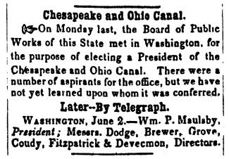 News article in Herald of Freedom & Torch Light, 1856 - "Chesapeake and Ohio Canal." on new president of C&O Canal