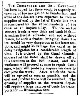 News article in Hagerstown Mail, 1865 - "The Chesapeake and Ohio Canal." about ice on canal