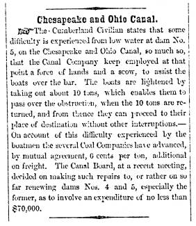 News article in Herald of Freedom & Torch Light, 1856 - "Chesapeake and Ohio Canal." about lower water at Dam 5
