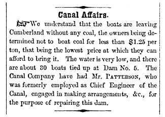 News article in Herald of Freedom & Torch Light, 1856 - "Canal Affairs." about no loads of Coal