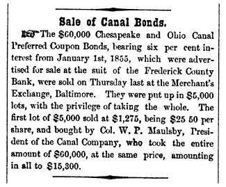 News article in Herald of Freedom & Torch Light, 1857 - "Sale of Canal Bonds."