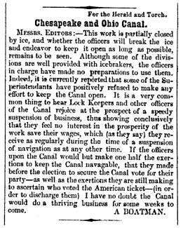 Letter to editor in Herald of Freedom & Torch Light, 1856 - "Chesapeake and Ohio Canal."