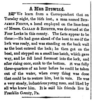 Article in Herald of Freedom and Torch Light, 1856 - "A Man Drowned."