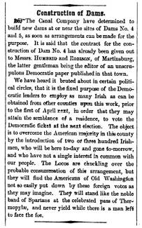 Article in newspaper 1856 "Construction of Dams."