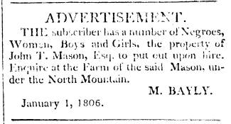 Advertisement from Maryland Herald and Hagerstown Advertiser, 1806