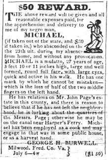 Ad in Hagerstown Mail, 1832 - "$50 Reward." by George H. Burwell