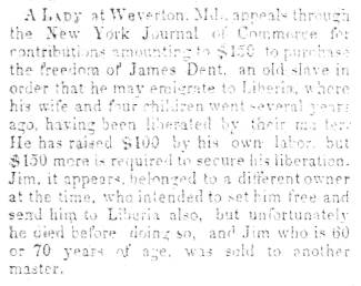 Notice in Herald of Freedom & Torch Light, 1852 about contributions to purchase freedom for a slave